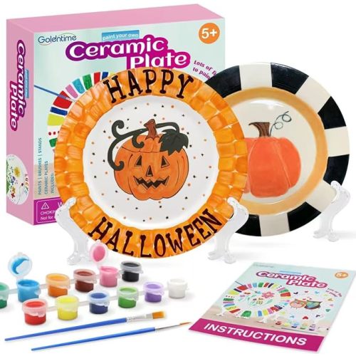goldentime Ceramic Plate Painting kit for Kids and Adults Including 2 Ceramic Plates to Paint, with 12 Paints, 2 Brushes and 2 Stands - Perfect as DIY Home décor or Gifts for Halloween & Christmas
