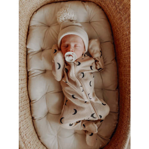 Organic Waffle 2-Way Zip Footie, Tan/Black Moon