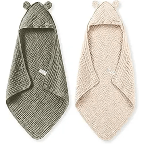 Momcozy Baby Towels, 6-Layer 100% Cotton Muslin Hooded Baby Towel Set for Newborn, Infant & Toddler, Soft Absorbent Baby Bath Essentials, Large 32 x 32 Inch