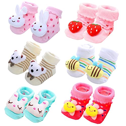 FedMois 6 pairs Baby 3D Cartoon Anti-Skid Booties Socks Slippers Shoes