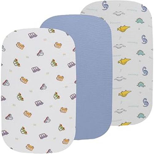 Onacosht Muslin Bassinet Sheets 3 Pack, 100% Cotton Baby Sheet 35" X 20" Compatiable with AMKE 3 in 1 Bassinets, MiClassic, Uiuwoo, Foalom, YADAQE, Milliard and TCBunny Bassinet, Dinosaur Car and Blue