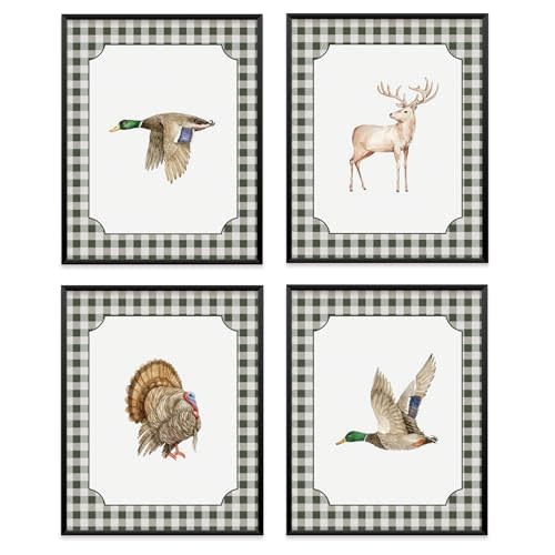 VONTP Hunting Animal Nursery Wall Art Decor, Rustic Turkey Deer Mallard Duck Nursery Prints Poster Wall Decorations for Kids Boys Girls Toddler Room Bedroom Playroom, 8x10 Inch Set of 4 (Unframed)