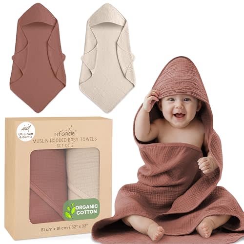 Organic Cotton Muslin Baby Hooded Towels - 32x32 Inch, 2 Pack Newborn Bath Towels for Boys & Girls, Soft & Absorbent Bath Set (Rust/Ivory)