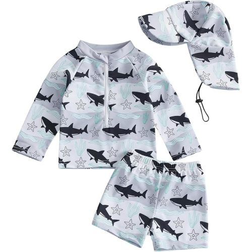 Baby Boy Long Sleeve Swimsuit Rash Guard and Trunk Set Bathing Suit with Hat Toddler Boys Beach Swimwear Sunsuit