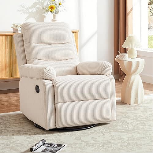 Rocking Recliner Chair,Modern Swivel Glider Recliner Chair,Corduroy Fabric Upholstery Recliner,Manual Reclining Sofa Chair for Living Room,Office,Apartment (Beige)