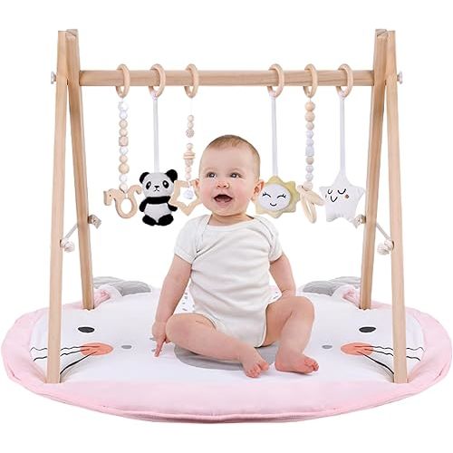Wooden Play Gym with Mat, Foldable Baby Activity Gyms for Infants Newborn Baby Girl and Boy, Tummy Time Baby Infant Toys 0-6 6-12 Months (Rabbit)