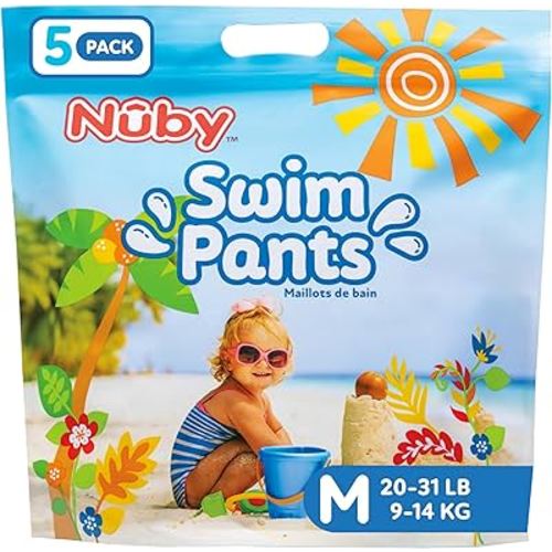 Nuby Swim Pants for Toddlers - 5 Pack - Toddler Swim Diapers with Stretchy Waistline, Tear-Away Sides, Water-Resistant Outer Layer & Leak-Preventing Cuffs - Size Medium (20-31 lbs)