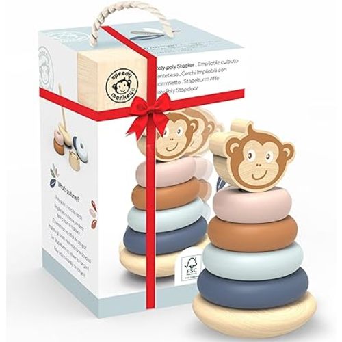 SPEEDY MONKEY Roly Poly Stacker Toy for Toddlers | Wooden Stacking Toy for Baby Boys & Girls | FSC-Certified Wobble Base with Colorful Rings for Fine Motor Skills | Sensory Learning Gift for Kids 1-5