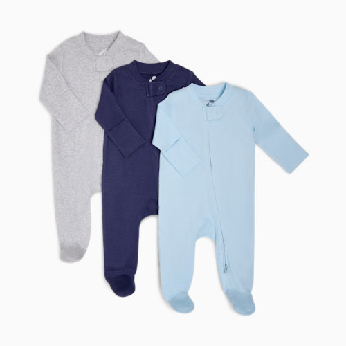 Organic Cotton Solid Zipper Footie (3 Pack) - Heather Gray, Navy, Light Blue