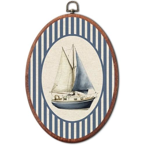 VALTRIXA Vintage Sailboat Nursery Oval Wall Art, Retro Nautical Boat Decor Wall Art Hanging Decor, Blue Striped Canvas Prints Framed for Bedroom Toddler Room Playroom Decoration, 8.6x11.4 Inch