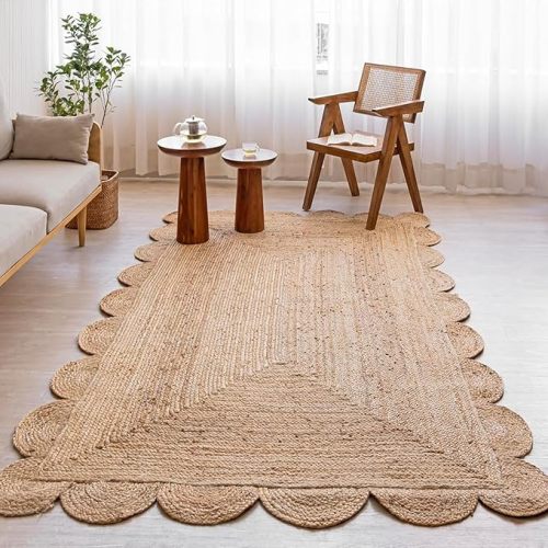 HOMEMONDE Natural Hand Woven 8x10 ft Braided Jute Rug Scalloped Boho Rustic Indoor Farmhouse Area Rugs for Bedroom, Living Room, Dining Room