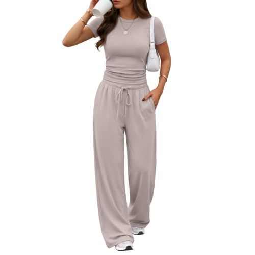Trendy Queen Women's 2 Piece Matching Summer Lounge Set with Pockets | Vacation Airport Travel Outfits, Workout Gym Clothing Comfy Athleisure Clothes, Side-ruched Top, Drawstring Wide Leg Pants