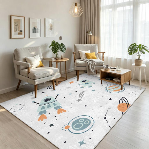 Trinx Blue Machine Washable,with Drawn Space Astronaut Rocket Stars Star Planets Trendy Kids White Indoor Area Rug | Wayfair