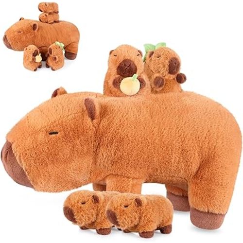 SuzziPals 5-in-1 Capybara Stuffed Animals with Babies Inside, 5Pcs Set Capybara Plush with Mommy & 4 Babies, Soft Pillow Plushies Decor, Cute 3 to 8 Year Old Girl Gift, Imaginative Play Toy (Capibara)
