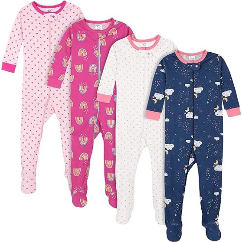 Gerber Baby Girls 4-pack Footed Pajamas And Toddler Sleepers, Dreams Rainbows Pink, 3-6 Months