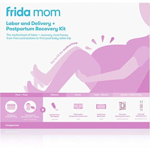 Frida Mom Hospital Packing Kit for Labor, Delivery, Postpartum | Nursing Gown, Socks, Peri Bottle, Disposable Underwear, Ice Maxi Pads, Pad Liners, Perineal Foam, Toiletry Bag (15 Piece Gift Set)