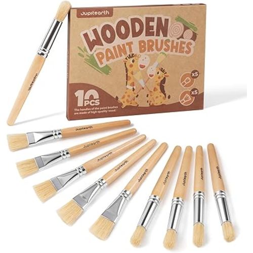 JUPITEARTH Jumbo Paint Brushes for Kids, Easy Grip Round and Flat Toddler Paint Brushes with Natural Wood Handles for Washable Paint and Acrylic Paint, 10 Pcs