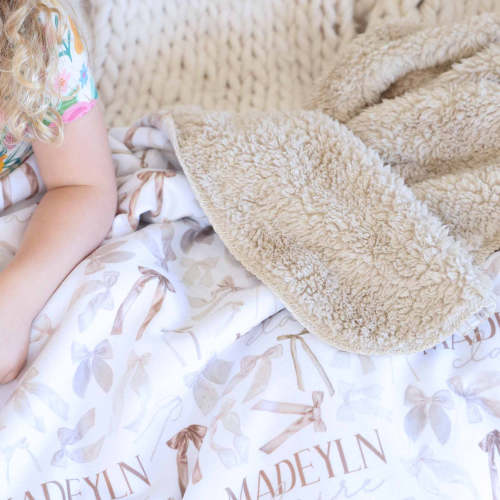Personalized Sherpa Kids Blanket | Taupe Bow
