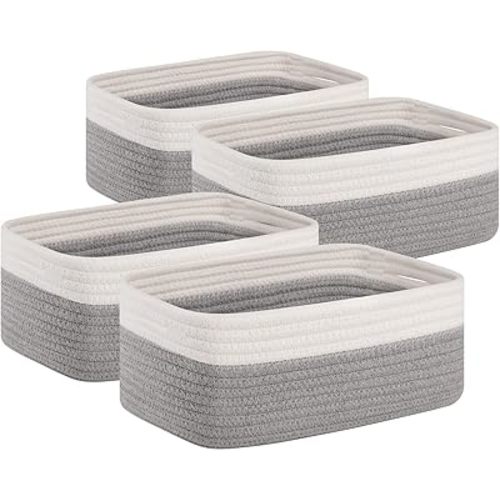 OIAHOMY 4 Pack Storage Baskets for Organizing, Small Bins for Shelves, Cute Decorative Storage Bins, Organizer Baskets for Gifts Empty, 11.8''Lx7.8''Wx4.7''H, Grey/White