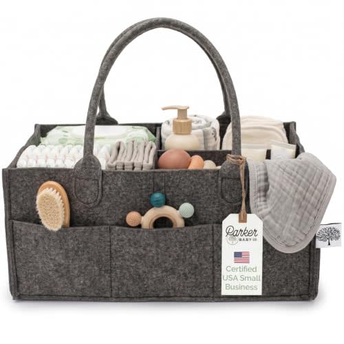 Parker Baby Co. Felt Diaper Caddy Organizer - Large, Charcoal | Portable nursery storage bin sorts diapers, wipes, bottles & baby essentials in home/car. Soft felt, foldable design 16x10x7"