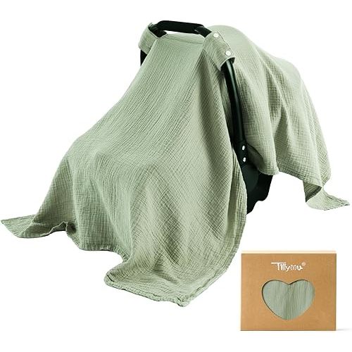TILLYOU Baby Car Seat Cover, Breathable Muslin Cotton Infant Car Seat Cover, Lightweight Canopy with Sun and Bug Protection(Green)
