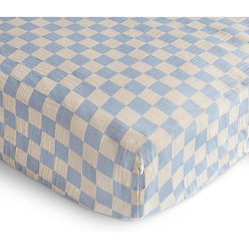 mushie Extra Soft Muslin Fitted Crib Sheet | 192 Thread Count | 28"x 52" (Blue Check)