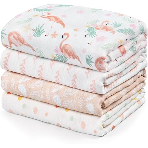 GLLQUEN BABY Muslin Swaddle Blankets 4-Pack Breathable Receiving Blankets (35" x 40") Soft Baby Blankets for Girls and Boys Newborn Essentials Muslin Burp Cloths Swaddle Wrap Baby Gift(Flamingo)