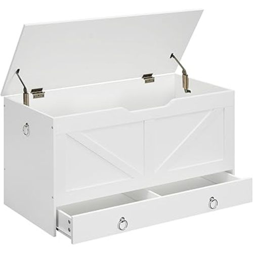 HOOBRO Storage Chest, 39.3" Toy Chest with Drawer, Wooden Storage Bench, Sturdy Entryway Bench Supports 220 lb, Shoe Bench, Safety Hinge, U-Shaped Opening, Easy Assembly, White WT710CW01G1