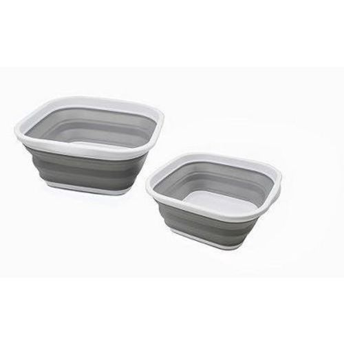 SAMMART 2 pcs Collapsible Tub Set (5.5L (1.4 Gallon) + 10L (2.64 Gallons)) Foldable Dishpan, White/Grey