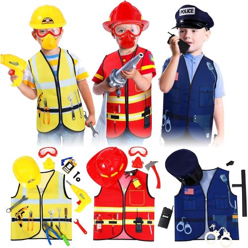3 Sets Kids Dress up for Play Age 3-7 Years Old,dress up Costumes Vest Set Police,fireman and Worker for Toddler Kids Boys Pretend Role Accessories