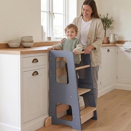 Toddler Tower for Kids, Adjustable Wooden Standing Tower & Kitchen Step Stool, Anti-Tip Montessori Tower with Removable Safety Rails & Non-Slip Steps - Sustainable Reclaimed Wood (Gray)