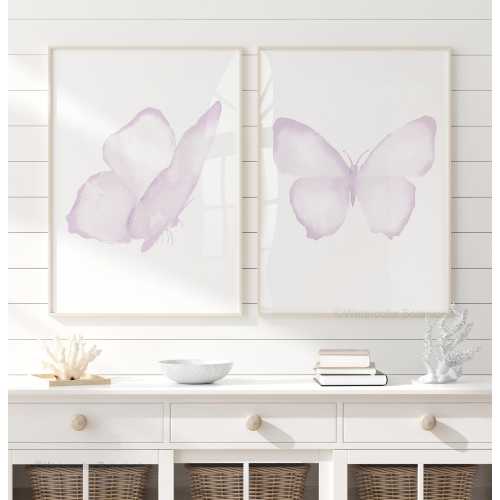 2 Purple Butterflies, Set of 2 Prints, Minimalist Wall Decor for Baby Girl Nursery - Watercolor Butterfly Art, Baby Girl Nursery Artwork