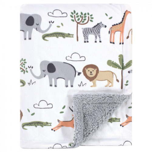 Hudson Baby Infant Boy Plush Blanket with Faux Shearling Back, Safari Life, One Size