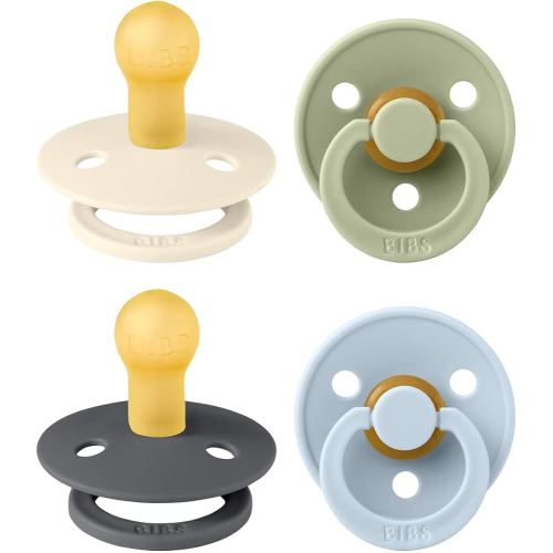 BIBS Colour Soother 4-Pack | BPA Free Dummy Pacifier | Round Nipple | Natural Rubber Latex | Made in Denmark | Size 0-6 Months | Iron Mix