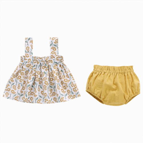 WUANDIXFA Toddler Girl Clothes 3 6 9 12 18 Months 2Pcs Baby Girl Summer Outfits Ruffle Sleeveless Shirts Floral Tops + Shorts Clothing Set,Beige,6-9 Months