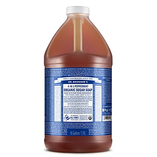 Dr. Bronner's Organic Sugar Soap (Peppermint, 64 Ounce)- Made with Organic Oils, Sugar & Shikakai Powder, 4-in-1 Uses: Hand and Body Wash, Face, Hair- Cleanses, Moisturizes, Nourishes, Vegan