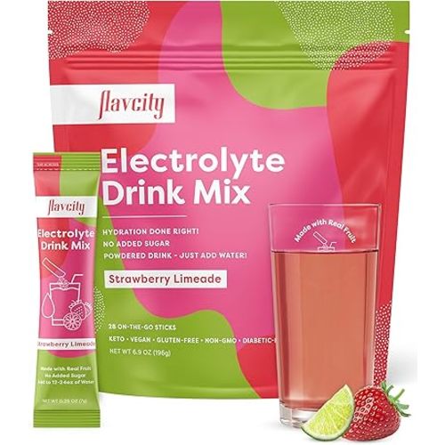 FlavCity Strawberry Limeade Electrolytes Drink Mix, 28 On-The-Go Stick Packs - Healthy Electrolytes Powder Packets Made with Real Fruit - Keto Powdered Drink with No Added Sugar, Gluten-Free