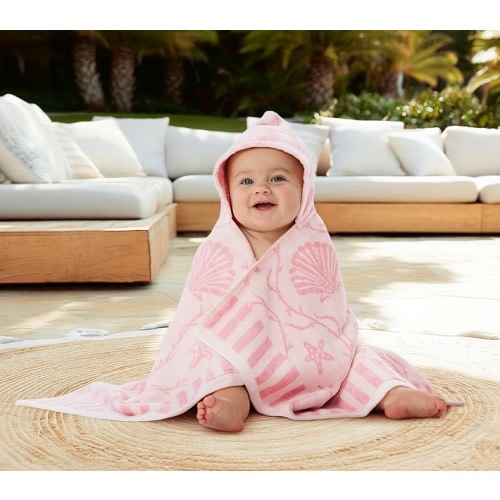 Seashells Plush Jacquard Baby Beach Hooded Towel UPF 50+