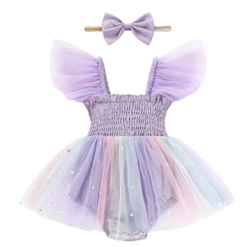 ZEHJUHAN Baby Girl Tulle Romper Summer Bodysuit with Flutter Sleeves Floral Embroidery Cake Smash Outfit First Birthday Photo Shoot Purple，6-12M