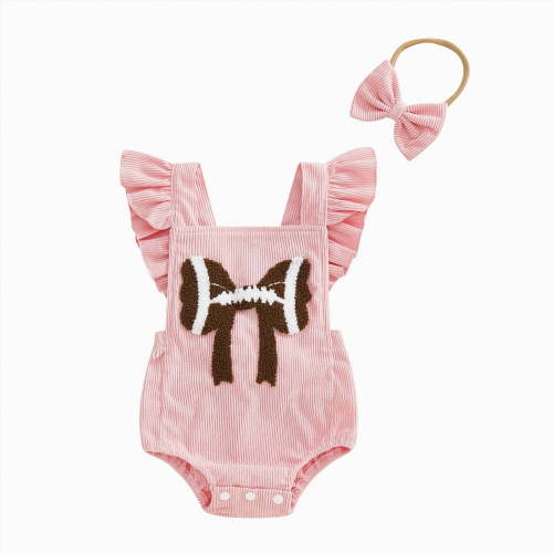 CAICJ98 Newborn Football Romper Baby Girl Summer Clothes Corduroy Overalls Infant Football Onesie Bodysuit Game Day Outfit with Headband (3-6 Months,Pink)