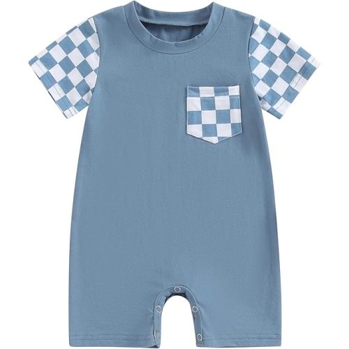 Karuedoo Newborn Baby Boy Girl Clothes Checkered Plaid Romper Jumpsuit Short Sleeve One-Piece Bodysuit Infant Summer Outfit