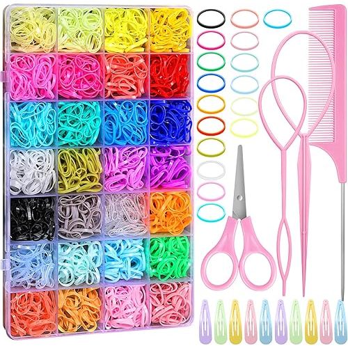 28 Colors Rubber Bands for Hair, 1500 Pcs Elastic Hair Bands Baby Girl Hair Ties Mini Hair Rubber Bands with 4 Hair Styling Tools 10 Hair Clips Hair Accessories for Toddler Baby Girl Kids