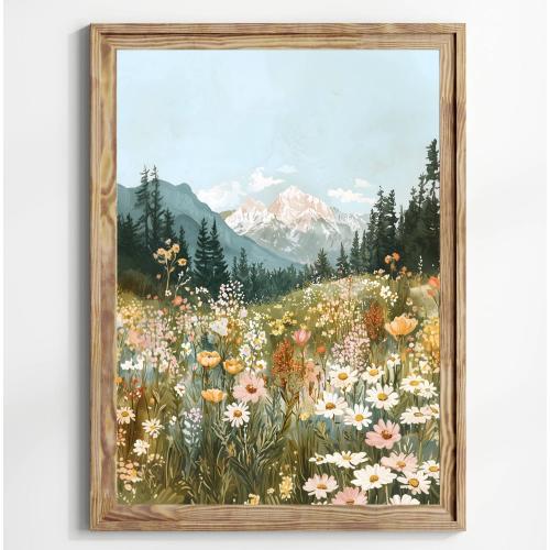 Colorful Wildflower Meadow Landscape Painting Flower Field Wall Art Print Floral Hill Scenery Girly Nature Nursery Kids Room