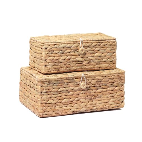 LUSYDECO Set of 2 Rectangular Wicker Storage Bins with Lid, Rattan Basket Decorative Boxes, Multipurpose Organizer Display Boxes for Shelf Organizer, Boho Rattan Box for Home Decoration