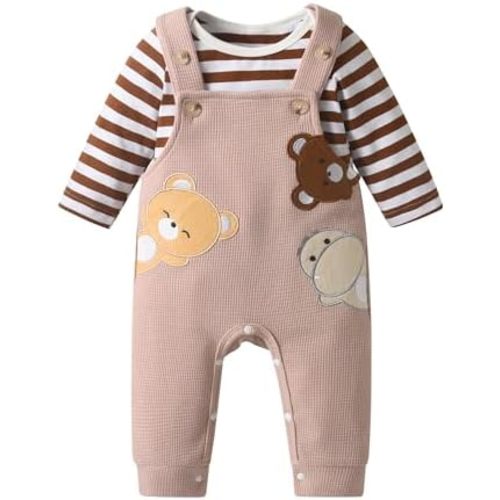 Newborn Baby Boy Outfit Clothes Fall Winter Jumpsuit Long Sleeve Romper Striped Top Bear Overalls Pants Set 2PCS