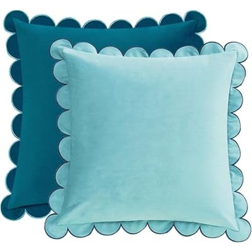 MONDAY MOOSE Decorative Throw Pillow Covers Cushion Cases, Set of 2 Soft Velvet Scalloped Round Edge Designs, Mix and Match for Home Decor, Pillow Inserts Not Included (Blue/Light Blue, 20x20 inch)
