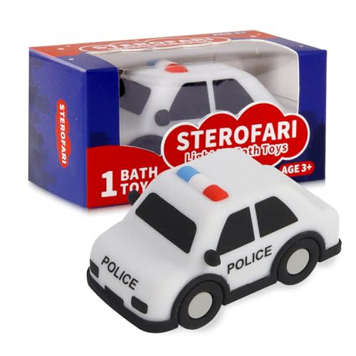 Light Up Bath Toy -Police Car, 100% Food Grade Silicone Bathtub Toys, Shake-Activated Light Up Airplane Toy Flash & Lights Color Change, Soft & Squeezable for Baby&Toddler (1 Pack)