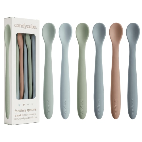 Comfy Cubs Silicone Baby Spoons Set 6-Pack, Boy – BPA Free, Gum-Safe Toddler Eating Essentials