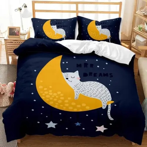 Sleeping cat in crescent moon blue bedding, toddler bedding, kids duvet cover set, gift for cat lovers, baby bedding, baby shower gift Toddler | Google Shopping
