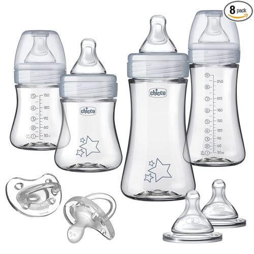 Chicco Duo Hybrid Baby Bottle Newborn Starter Giftset, Real Glass Inside, Lightweight Plastic Outside, Patented Invinci-Glass Technology, Intui-Latch Nipple, Clear/Grey